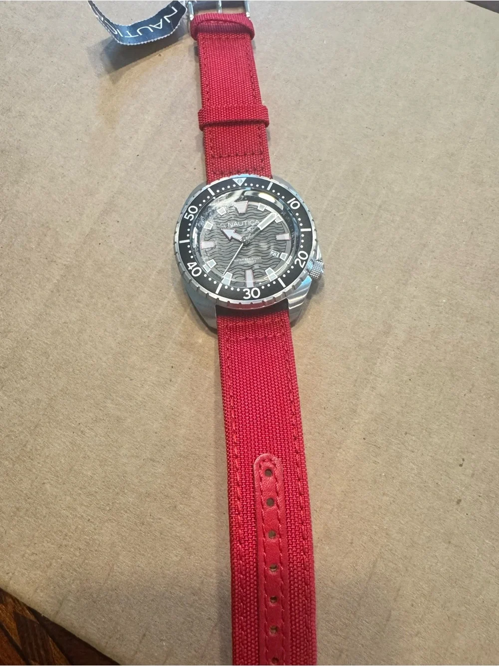 Nautica Men's Red Canvas Strap Watch with Black Dial and Silver Case